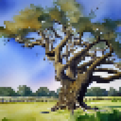 Towering oak with gnarled branches, painted in a dreamy watercolor style.