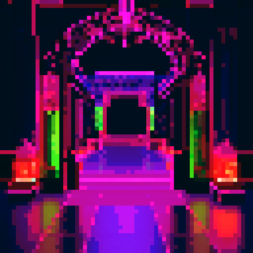 Koto with intricate details, glowing neon accents, and vibrant colors, placed within a pixelated world reminiscent of a video game