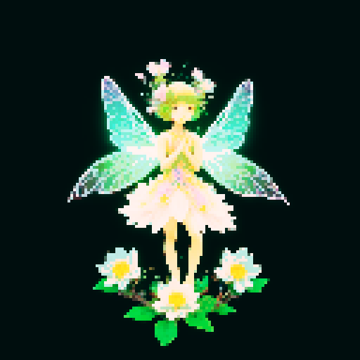 A delicate, fairy-like creature with translucent wings, a body adorned with blooming flowers, and glowing eyes. It has a serene expression and emits a soft, magical light. It moves gracefully through the air. No background.
