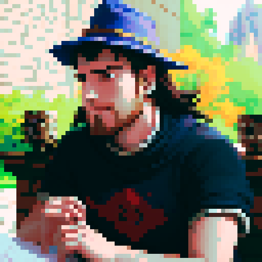 Fantasy, DnD player with hat,calm colors,  pixel art, 