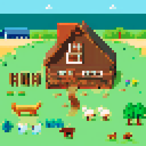 Seaside, completely brown log cabin, family playing, farm animals