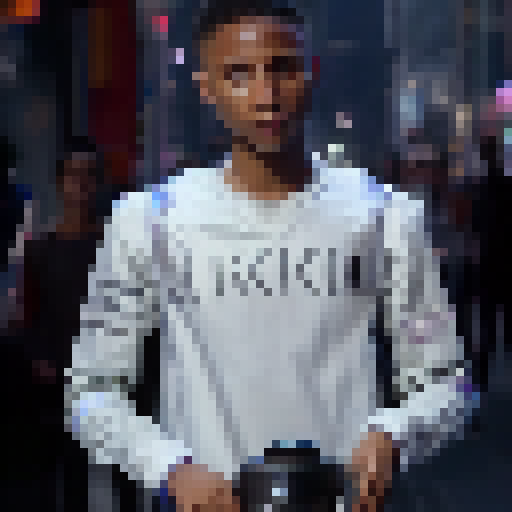 Ekko, a time-manipulating teenage inventor, races through a futuristic cityscape on his hoverboard, dodging neon signs and skyscrapers as he escapes a group of menacing robots.