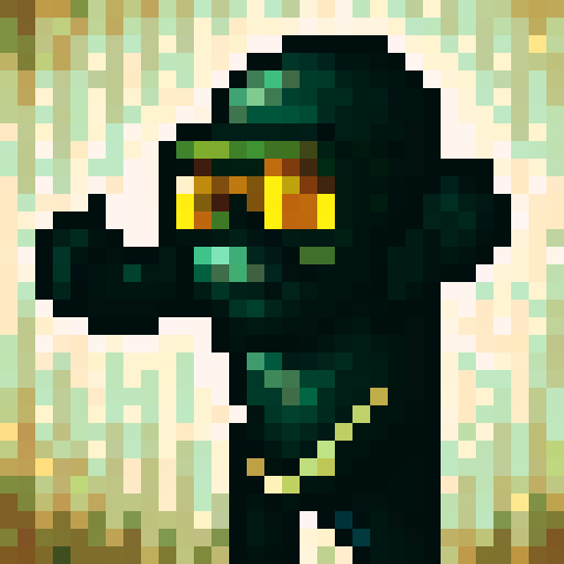 Sad monkey in sunglasses, human-like clothing, holding a fishing rod, with a pixelated sunset in the background, capturing the melancholic mood with pixel art