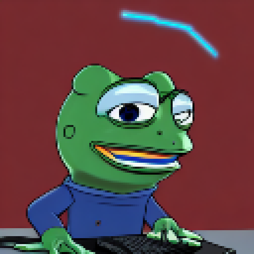 Pepe sits at his sleek, silver computer desk, surrounded by glowing screens and wires, his froggy eyes transfixed on the vibrant digital world before him.