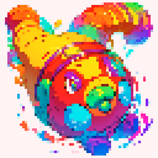 blob-like character, resembling a mitochondria, in vibrant sRGB colors, crafted using pixel art