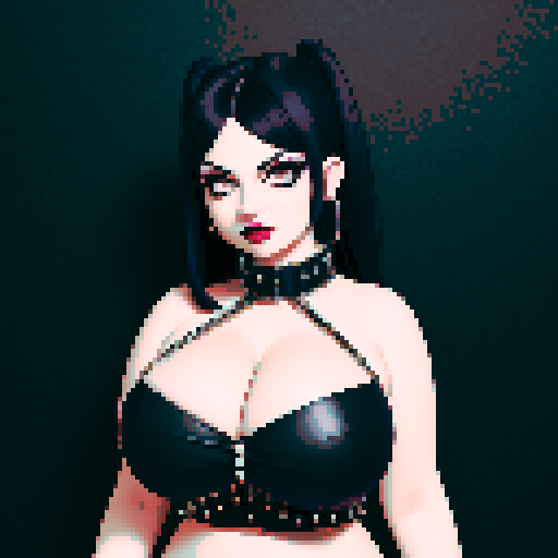 curvy, busty cute goth babe with studded collar, big titty goth wearing halter top, beautiful angled glamour shot, pixel art, sRGB