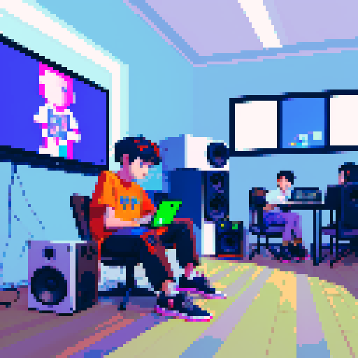 Friends sitting in a room together, all of them wearing street wear, one boy playing on his phone, another boy playing video games, and the final boy sitting in front of a computer. the computer he uses has musical equipment surrounding it and large speakers to playback sound
