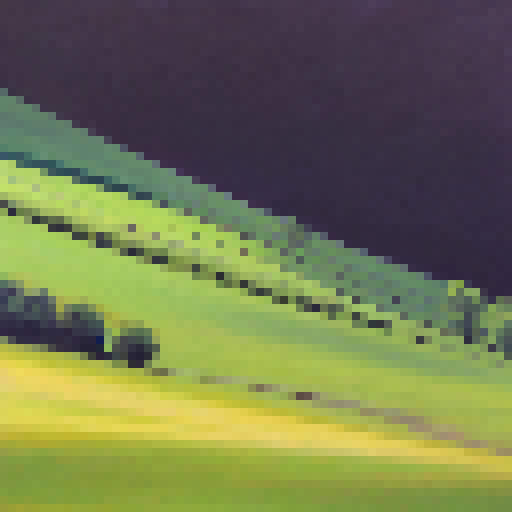 Green rolling hills under a blue sky with one cloud. 
