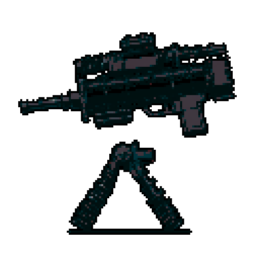 I want to see a minigun with 8 barrels floating in the center of the frame. It should have strange mechanical details that could interlock with others. I want this object usable an asset in a videogame, meaning only one object per image, outlined with a strong black stroke, on a solid-color background. 