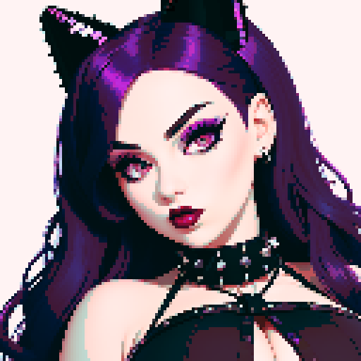 Thicc, busty goth girl, with long purple hair, eyeliner, red lipstick. wearing a halter top and spiked collar. Posing for a up close face portrait. vibrant sRGB colors, pixel art, 