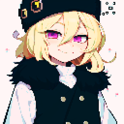 Solo male with perfect anatomy, straight-on, inframe, facing viewer, with round pupils, light blonde hair between eyes, wearing an ushanka hat with a black fur collar, a black vest, puffy sleeves, and black elbow gloves, his light pink eyes looking at the viewer, smile, in a pixel art style with sRGB colors, half closed eyes, best quality, stylised chibi,