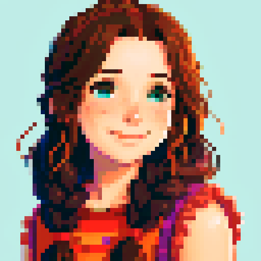 stardew valley-inspired, woman, pixel art, sRGB, vibrant colors, rustic backdrop,  braided hair, glowing skin,  gentle smile, freckles, rosy cheeks