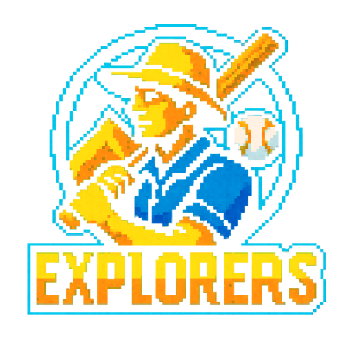 Pixel art of a fictional baseball team called the Explorers. Retro logo. Blue, yellow and orange, sharp outlines, and soft pixel shading. The logo design mimics 80s MLB logos. Use a vibrant Sega Genesis 16-bit style with selective dithering, geometric forms, and nostalgic retro charm. Avoid modern gradients—keep it pure pixel art.