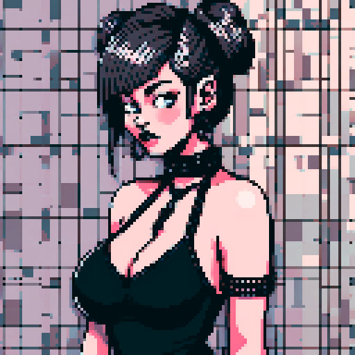 curvy, seductive busty goth babe with studded collar, hair in buns, aroused nude big titty goth in a close-up nude glamour shot, wearing halter top, against a modern tile backsplash, pixel art, sRGB