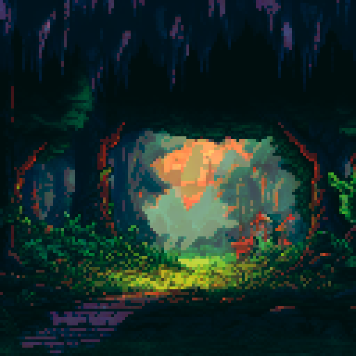 abandoned house in the middle of the woods, enormously tall trees casting long shadows, shadow people hiding, sRGB, pixel art, background