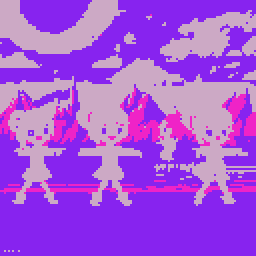 kawaii cheerleaders with pigtail hair, neon colors, against a pixel art background featuring a galaxy in the sky and a meat landscape