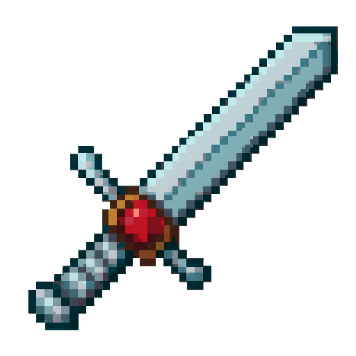 A sword with an embedded ruby and a steel handle, laid diagonally, with transparent background