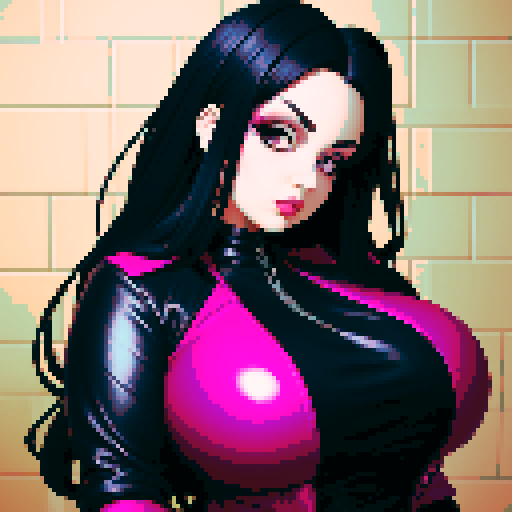 curvy, busty goth girl, close up face glamour shot, leather clothing, modern tile backsplash, vivid colors, pixel art, sRGB