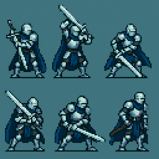 Knight in full armor (silver-gray armor + deep blue cape) wielding a large sword in a fluid motion, broken down into 8 frames: drawing sword, raising above head, preparing to strike, downward strike, then sheathing sword