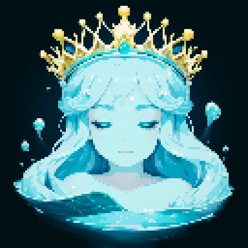 Create a close-up image of a mermaid with a crown in sober style, with her face partially submerged underwater. Half of her face is above the water's surface, revealing her beautiful features. The crown should have an ethereal, shimmering quality, adding to her majestic presence.