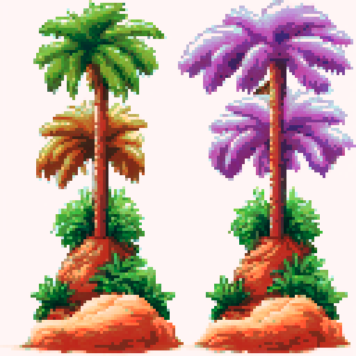 Palm trees on white sand beach with orange sunset over the ocean water.