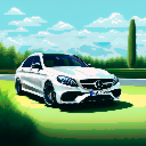 Photorealistic whole Mercedes-Benz E 63 AMG, three-quarter view, right front wheel, clean background, sRGB colors, pixel art style
