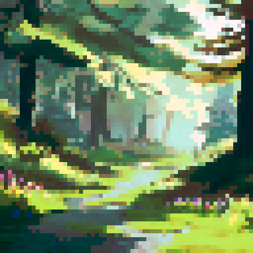 moss-covered trees, towering pines, ethereal mist, serene lake, vibrant autumn colors, sunrays filtering through the canopy, a lone deer grazing, a hidden path in dappled light, majestic mountains in the distance, a tranquil clearing surrounded by wildflowers