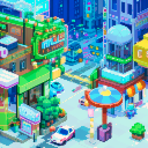 Conton City, bustling streets, neon signs, towering skyscrapers, retro arcade machines, futuristic hovercars, pixelated characters, colorful storefronts, sRGB color palette