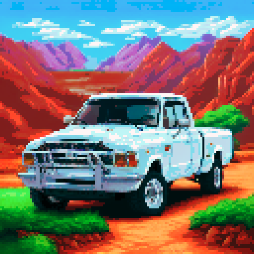 Photorealistic whole Ram pick-up, centered, three-quarter view, right front wheel, clean background, sRGB colors, pixel art style