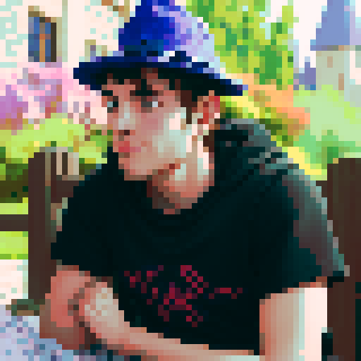 Fantasy, DnD player with hat,calm colors,  pixel art, 