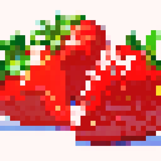Vibrant red strawberries, juicy and plump, arranged in a pixel art composition, bursting with sRGB colors