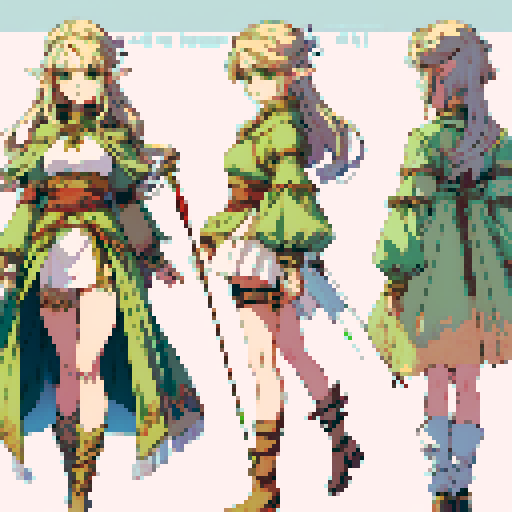 JRPG game charater design ,a female 
elf with gold hair, green eyes , job class archer wearing leather armer , hoding an ancient bow carring arrows on her back ,age around 18