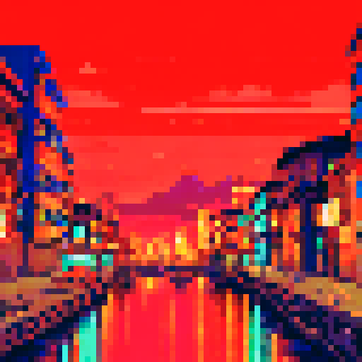Kyoto at night, vibrant neon lights, glowing lanterns, traditional Japanese architecture, cherry blossom trees, softly lit streets, shimmering reflections on water, bustling cityscape, pixelated buildings, serene moonlit backdrop, sRGB color palette, detailed pixel art, immersive background, picturesque landscape