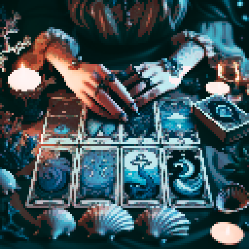 A close-up of a woman's hands over a table during a tarot card reading in a medieval dark style. The table is adorned with elements of the ocean such as sea shells, sand, and small pieces of coral. The atmosphere is mystical and dimly lit, with candlelight casting shadows that enhance the eerie and magical mood. The woman's hands are gracefully poised over the cards, which also have oceanic designs like waves and mermaids.