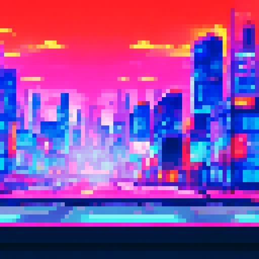 Sleek black Dodge Charger 2020, roaring down a winding road in a vibrant, neon-lit cityscape, with pixelated skyscrapers and a moody sRGB background