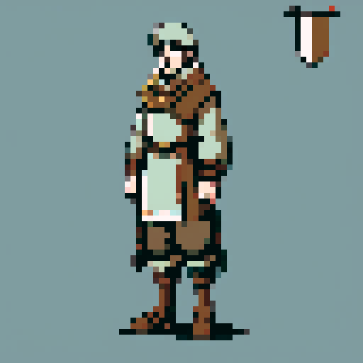 medieval character alone, 13th century, pixel art sprite, Finland region, 64x64 pixels, simple tunic, belted waist, fur footwear, hides, wrapped cords, natural earthy tones, rugged survival setting, visually expressive, low resolution, neutral pose, front-facing, pixel art, sRGB, transparent background.