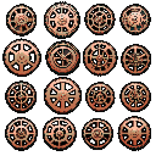 I want a copper gear that looks like it was made by a master clockmaker. It should have strange mechanical details that could interlock with each other. I also want this object usable an asset in a videogame, meaning only one object per image, outlined with a strong black stroke, on a solid-color background.