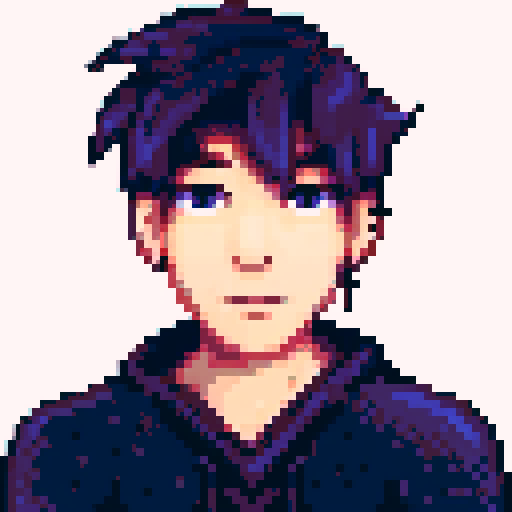 front facing portrait, young white male with white fluffy hair, green eyes, scars, freckles, pixel art in Stardew Valley style, wheelchair-user.