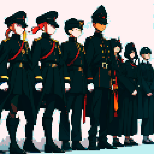 soldiers lined up, black uniforms, black hats, skull masks, lined up, facing camera, full-body image