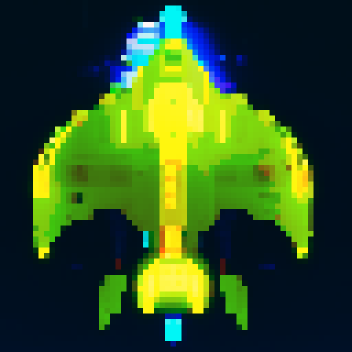 spaceship, overhead view, retro pixel art, vibrant colors, sleek design, glowing thrusters, transparent background, futuristic technology, metallic hull, intricate details, cockpit window