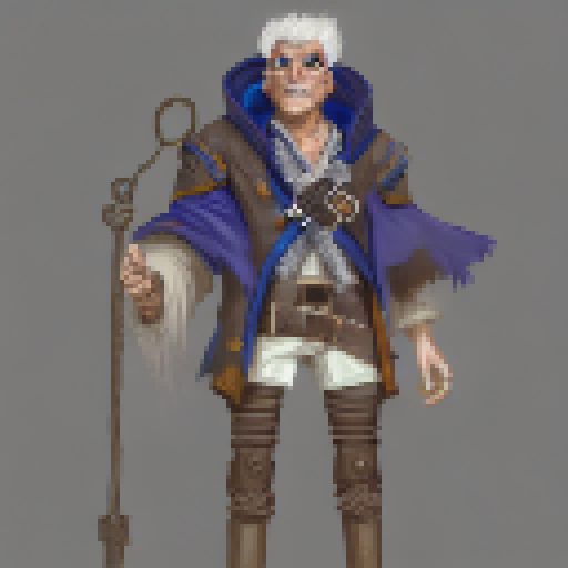 a pirate captain with a blue gemstone eyepatch covering his blind eye and a mechanical and wooden prosthetic leg. He likes to play with his blue gemstone dagger and wears a blue robe leather coat. He bullies a cthulhu-like creature that he keeps in a metal box.