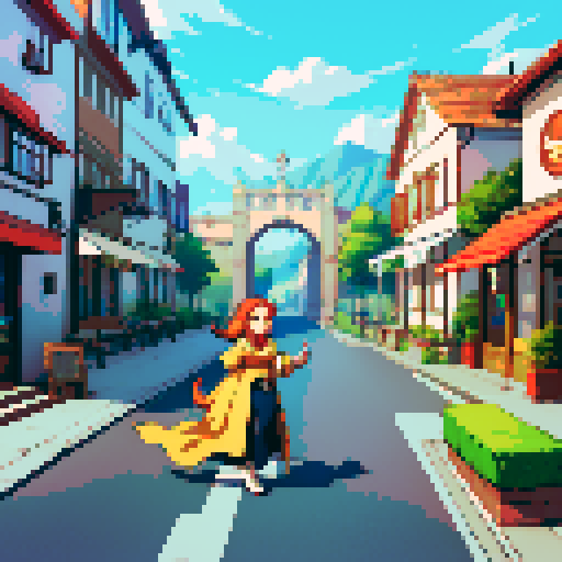 Cafe on an arc shaped road with a people eating and a cat walking
