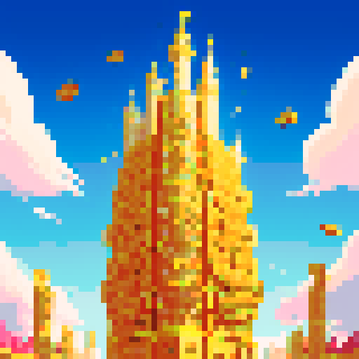 Imagine a vibrant, pixelated world known as Money Land, where the air is thick with the excitement of flying gold coins. This digital realm is filled with towering skyscrapers made of gleaming gold and silver, reflecting the bright, sunlit sky. Streets are lined with bustling marketplaces, where pixelated residents trade and barter using shimmering gold coins that seem to have a life of their own. In the sky above, gold coins of various sizes fly freely, leaving trails of glittering light in the