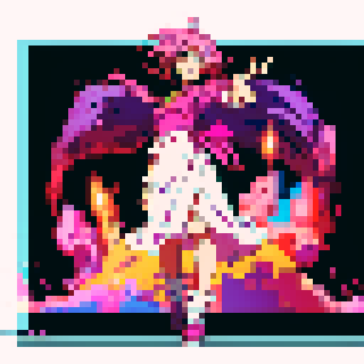 Girl with radiant pink hair, wearing a flowing purple dress, standing gracefully