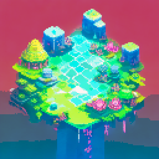 technological Aztec Style Ziggurat, shimmering in neon hues, surrounded by frozen waters reflecting the pixel art skyline