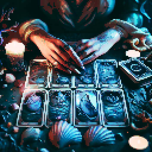 A close-up of a woman's hands over a table during a tarot card reading in a medieval dark style. The table is adorned with elements of the ocean such as sea shells, sand, and small pieces of coral. The atmosphere is mystical and dimly lit, with candlelight casting shadows that enhance the eerie and magical mood. The woman's hands are gracefully poised over the cards, which also have oceanic designs like waves and mermaids.