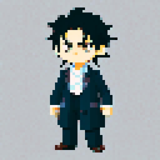 tired-looking, mad scientist with unkempt black hair and bags under his eyes, wearing a lab coat, in cute chibi style pixel art with sRGB color profile