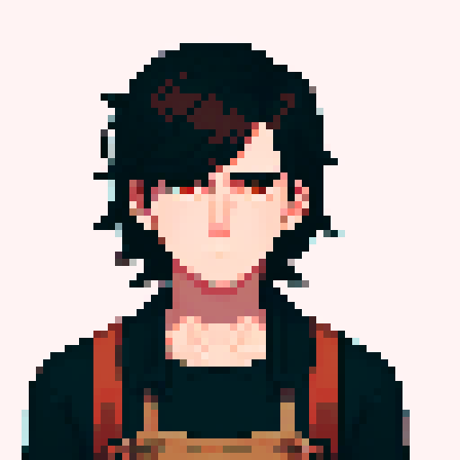 portrait, sprite art, character art, stardew valley, young man, depressed, medium length hair, dark hair, dark eyes, neutral, normal, sad, boring clothes, mysterious