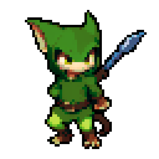 A sneaky, agile goblin with a hood, daggers, and a cunning expression. It has quick movements and a stealthy appearance, ready to strike from the shadows. No background.
