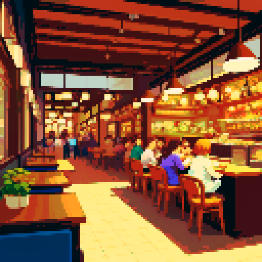 busy, bustling cafe interior, boring crowd of people, immersed in the cool, inviting ambiance